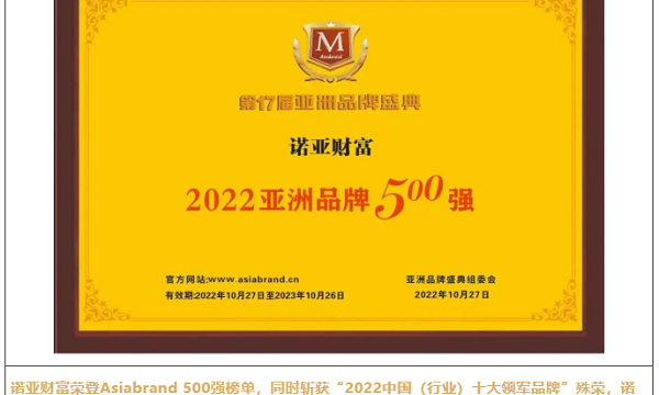 品牌价值再获认可！诺亚财富荣登Asiabrand 500强榜单，斩获两大殊荣
